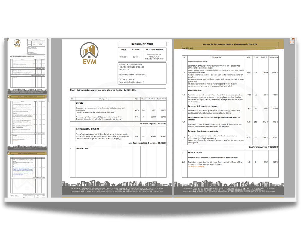 Interface de création et suivi des devis avec conversion en factures