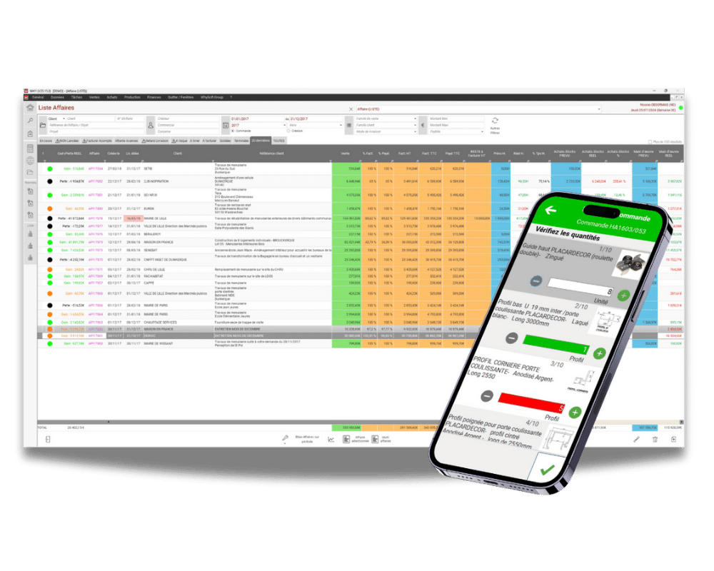 Interface montrant la gestion des stocks et approvisionnements dans un logiciel BTP.