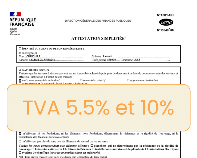 Visuel d’une attestation simplifiée TVA mentionnant les taux réduits à 5,5% et 10% pour les travaux de rénovation