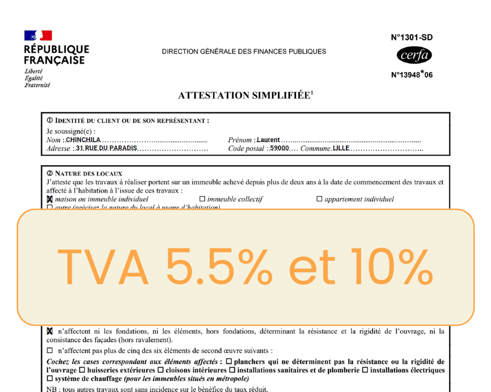 Visuel d’une attestation simplifiée TVA mentionnant les taux réduits à 5,5% et 10% pour les travaux de rénovation